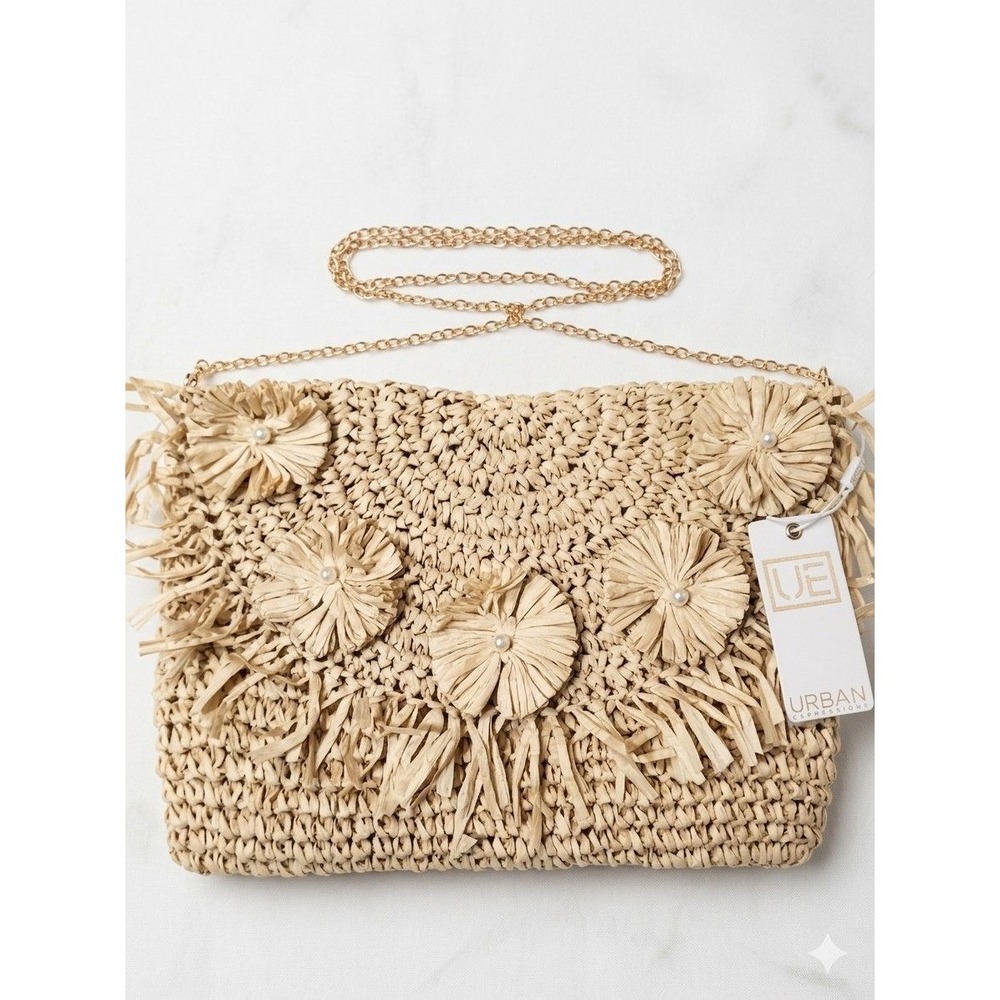 Urban Expressions Floral Pearl Paper Straw Clutch Shoulder Bag Natural Beige NWT